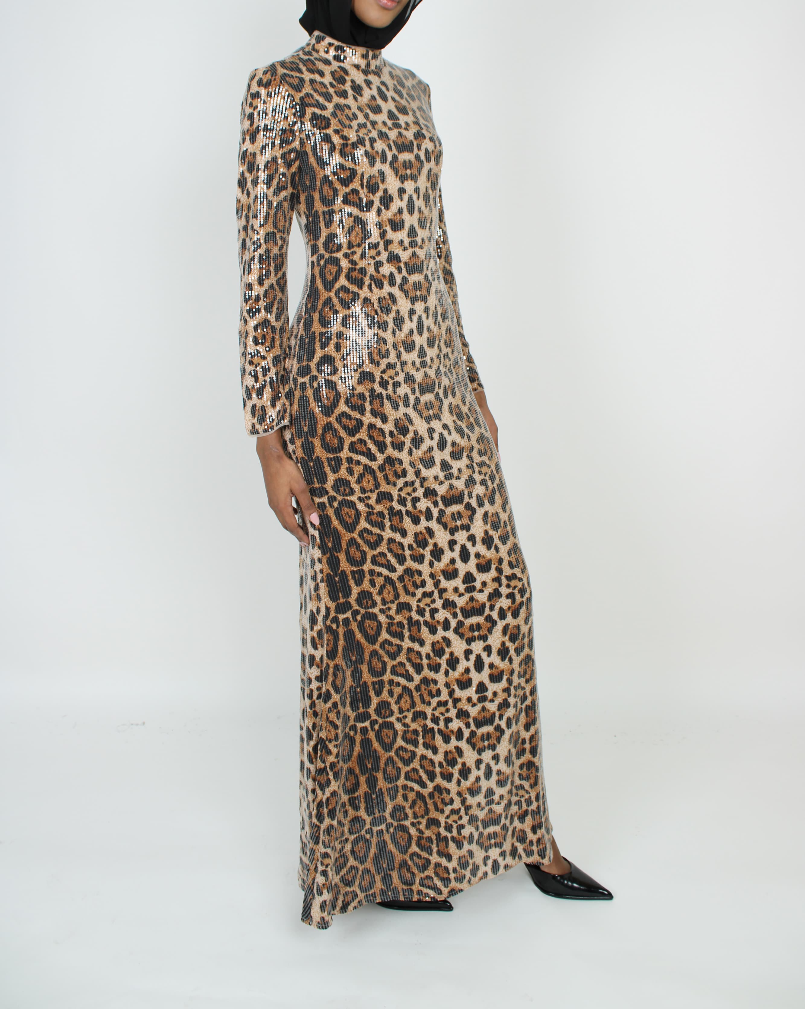 ALEYA BROWN LEOPARD SEQUIN MAXI DRESS